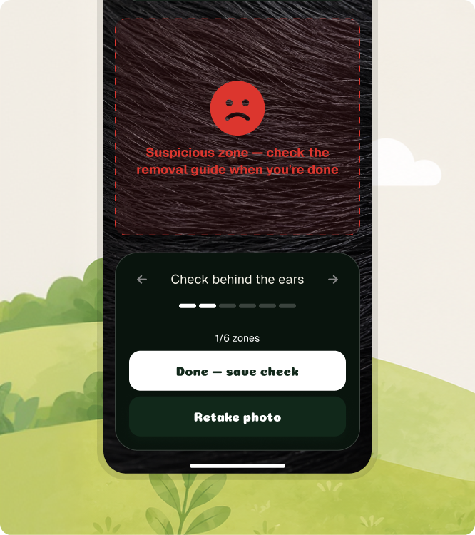 TickSafe app — zone-by-zone guide, checking behind the ears